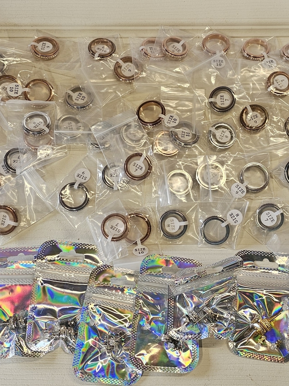 Mixed Metal Fidget Spinner Rings And Moissonite Earring Sets Rose Gold, & Silver